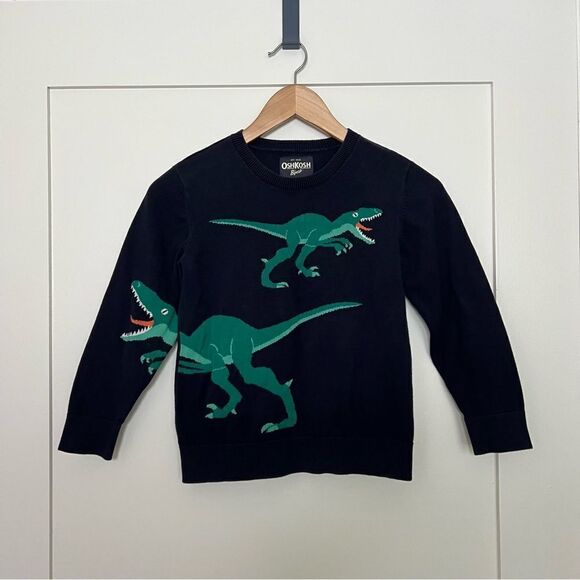 OshKosh B'Gosh Sweater Boys Size 8 Navy Blue Dinosaur Dino Crew Neck Cotton - Picture 1 of 8